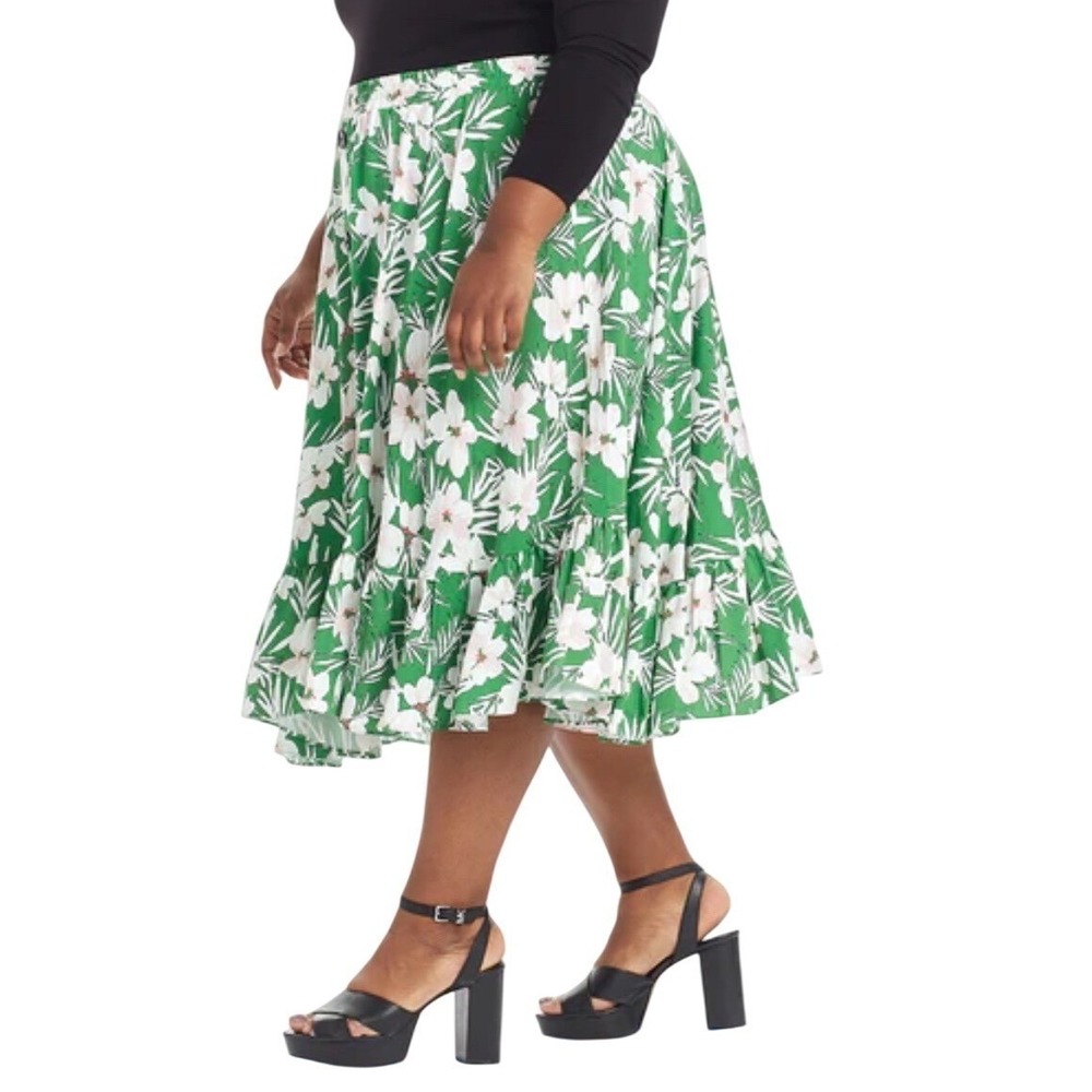 Plus Sz16 Green Floral Tiered Midi Skirt Boho Resort Cottagecore NWOT Pari Passu